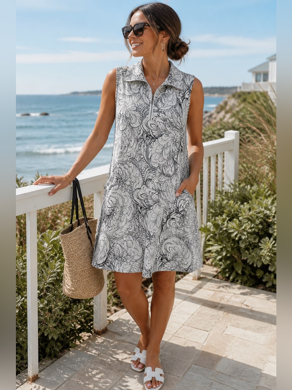 Shoreline Black White Paisley Sleeveless Dress Coastal Beachy Zip Neck Large